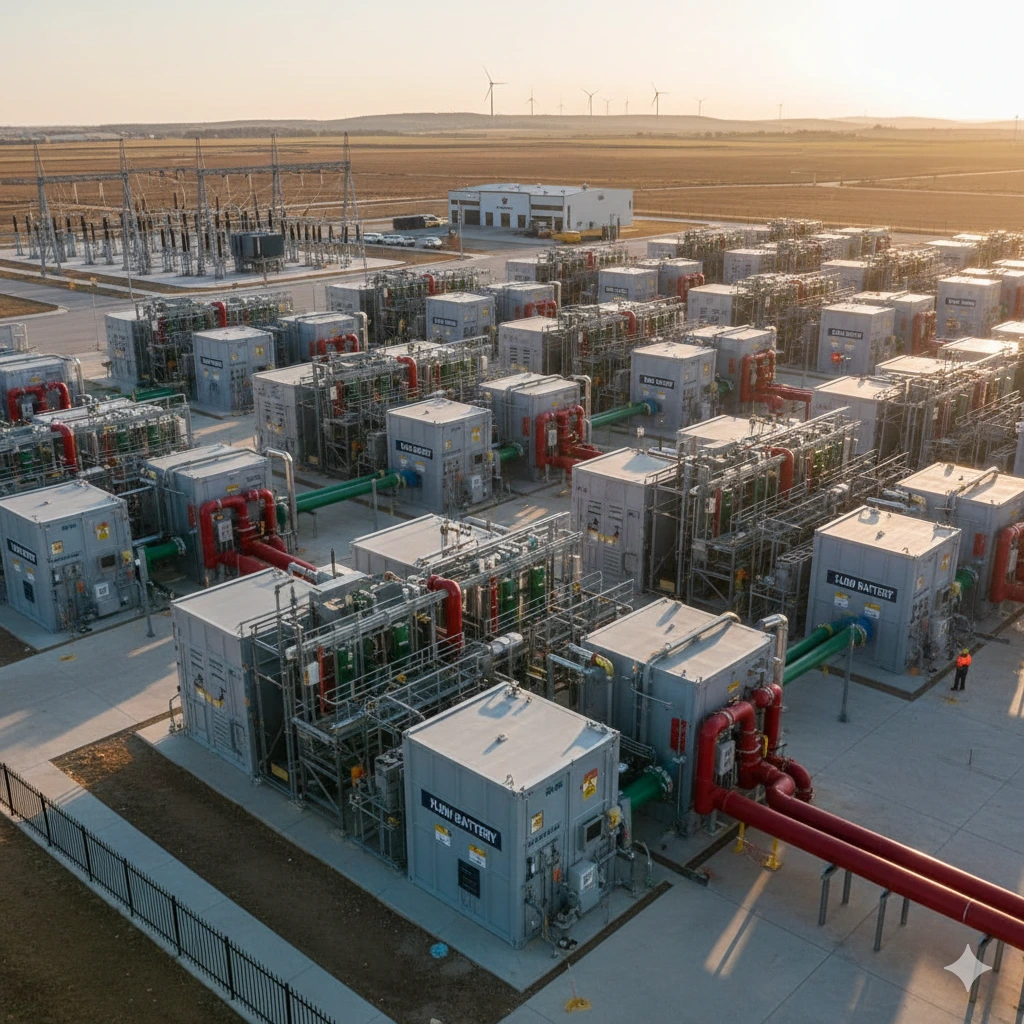 Large-scale flow battery energy storage facility with wind turbines in the background.