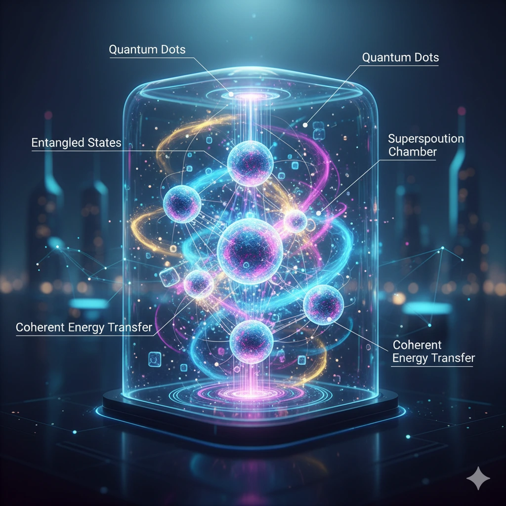 Futuristic diagram showing quantum dots, entangled states, and coherent energy transfer.