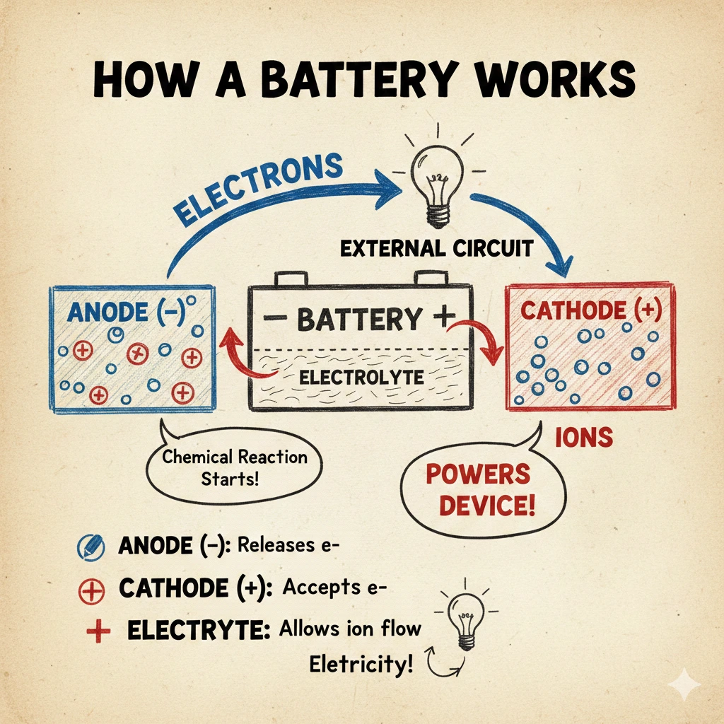 Diagram showing how a battery works: electrons flow from anode to cathode to power a lightbulb.