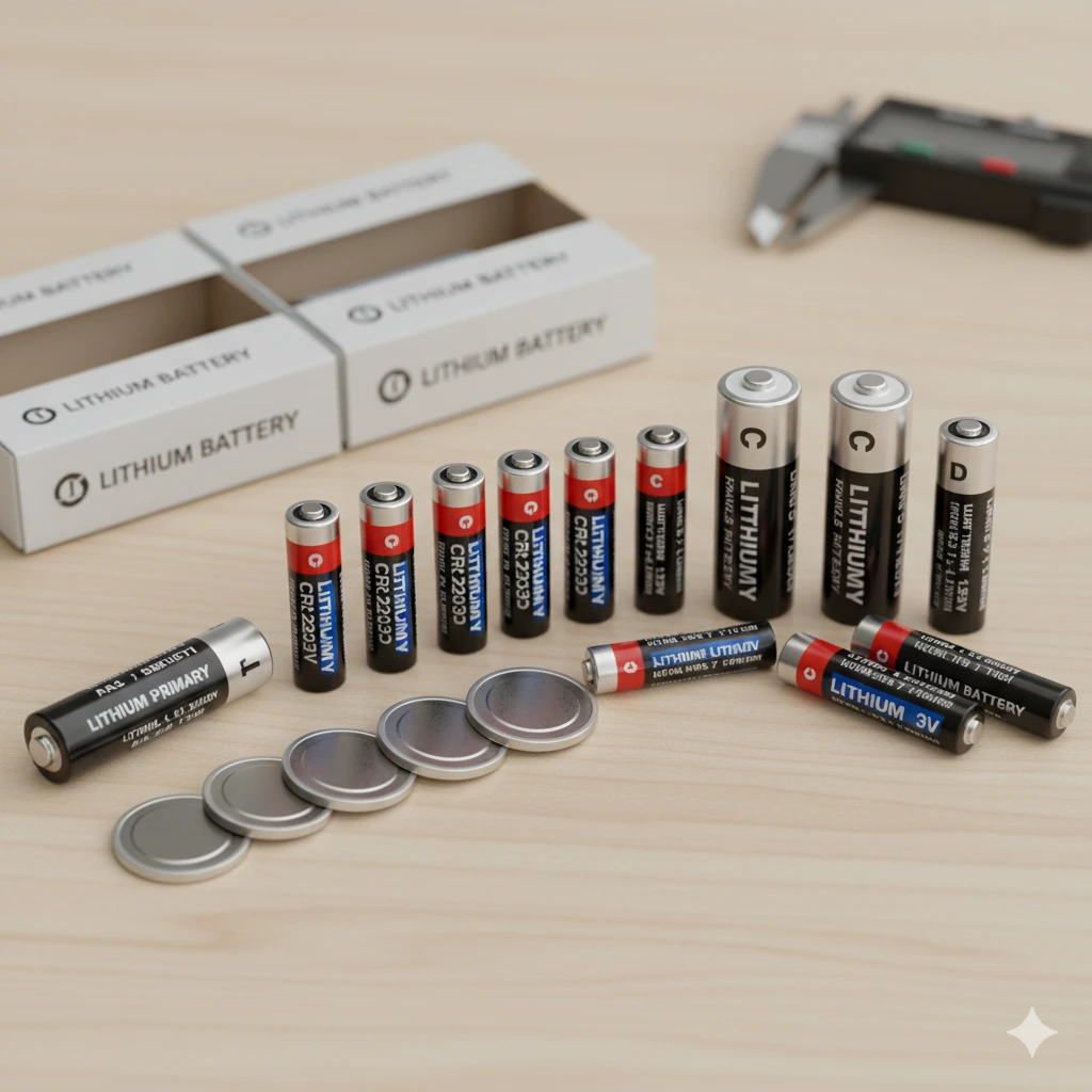 Assorted lithium batteries, including cylindrical and coin cells, displayed on a wooden table.