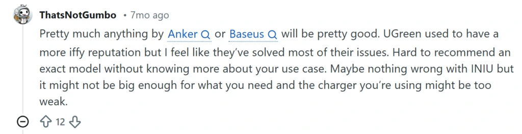 Reddit comment recommending Anker and Baseus chargers as reliable choices.