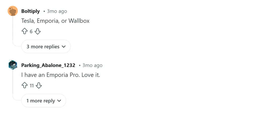 Reddit comments recommending Tesla, Emporia, and Wallbox EV chargers.