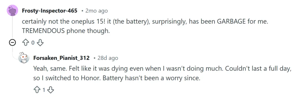 Reddit comments criticizing OnePlus 15 battery life and praising Honor phones.