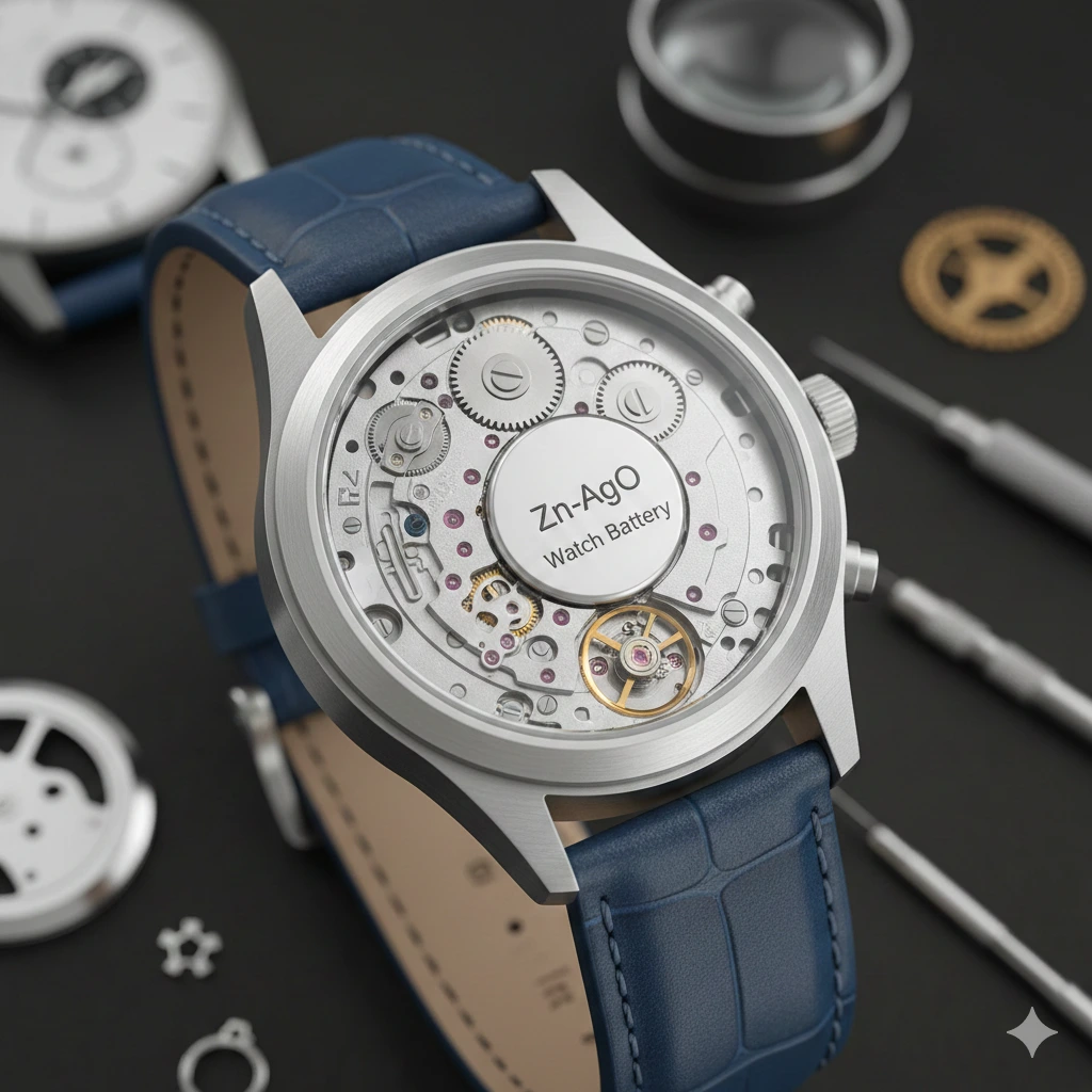 Close-up of a watch mechanism with a central Zn-AgO battery and blue leather strap.