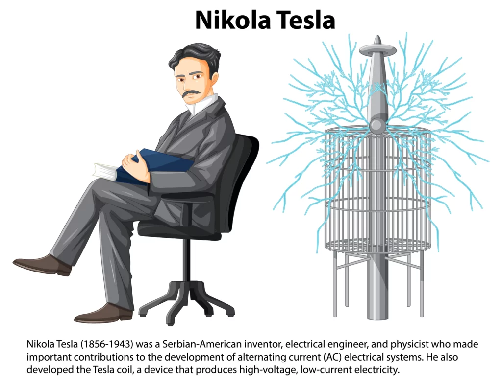 Illustration of Nikola Tesla sitting beside a sparking Tesla coil with a short biography.
