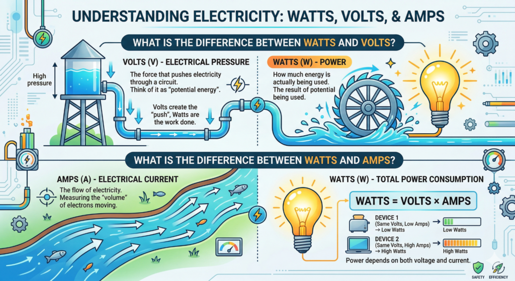 Infographic explaining Watts, Volts, and Amps using water pressure and flow analogies.