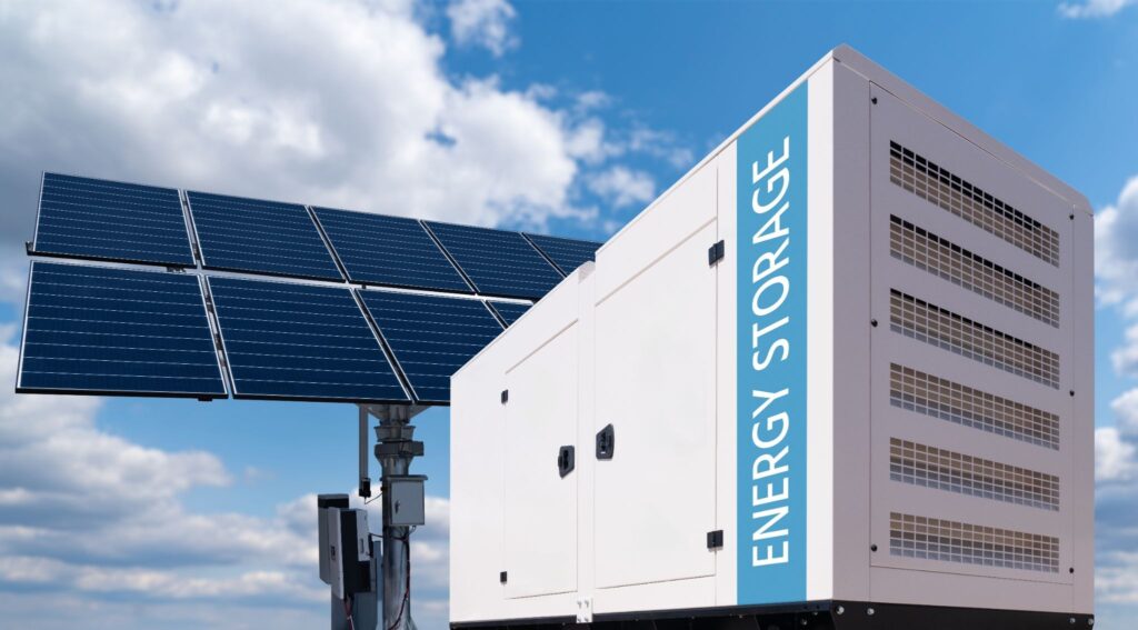 A large white industrial battery cabinet with a blue stripe reading 'ENERGY STORAGE', positioned next to a pole-mounted solar panel array against a bright blue sky with fluffy clouds.